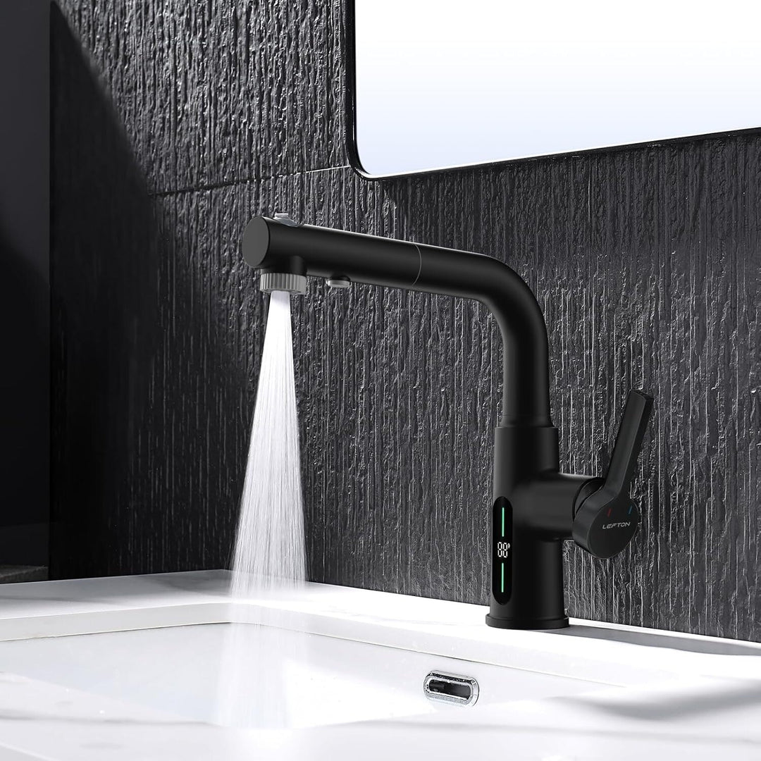 Single Hole Liftable Bathroom Faucet with Temperature Display in Fahrenheit, 3 Water Modes, BF2501