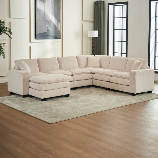 Modern U-Shaped 6-Seater Sectional Sofa with One Footstool