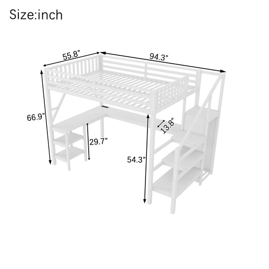 Metal Full Loft Bed with Wardrobe and LED Light, Full Size Loft Bed with L Shaped Desk and USB for Kids Teens Adults