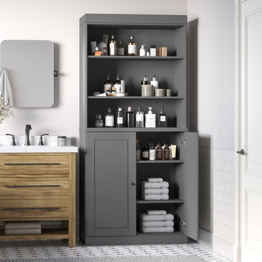 100% Solid Wood Bathroom & Laundry Storage Cabinet, Raised Panel Doors, Adjustable Shelves, 32" Wide, 71.5" Tall