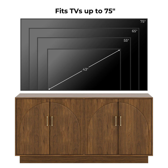 Mid-Century Fluted TV Stand with Storage Fits Tvs up to 75", Entryway Console, Sideboard - 15.7"D X 65"W X 31.5"H