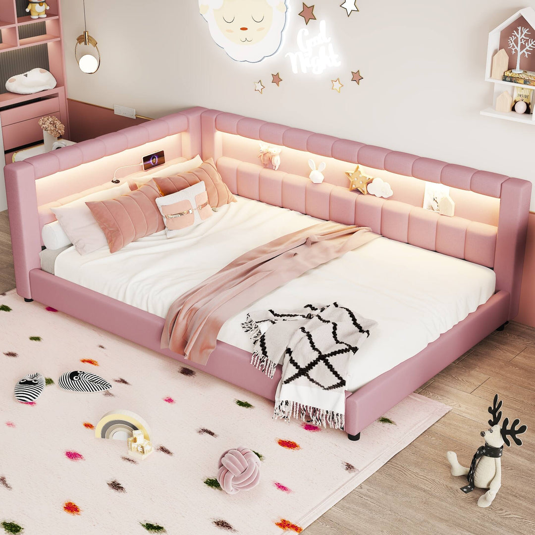 Upholstered Low-Profile Daybed Platform Bed Built-In USB Ports and LED Light Belt, Grounded Design with Padded Backrest