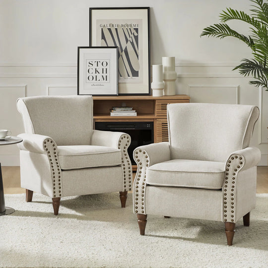 Nyctelius Upholstered Comfy Accent Chair with Turned Wooden Legs and Nailhead Trim Set of 2 by