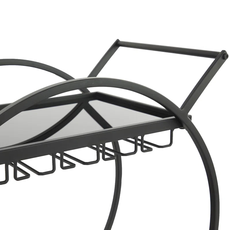 Metal Rolling 2 Mirrored Shelves Bar Cart with Wine Glass Storage and Handle