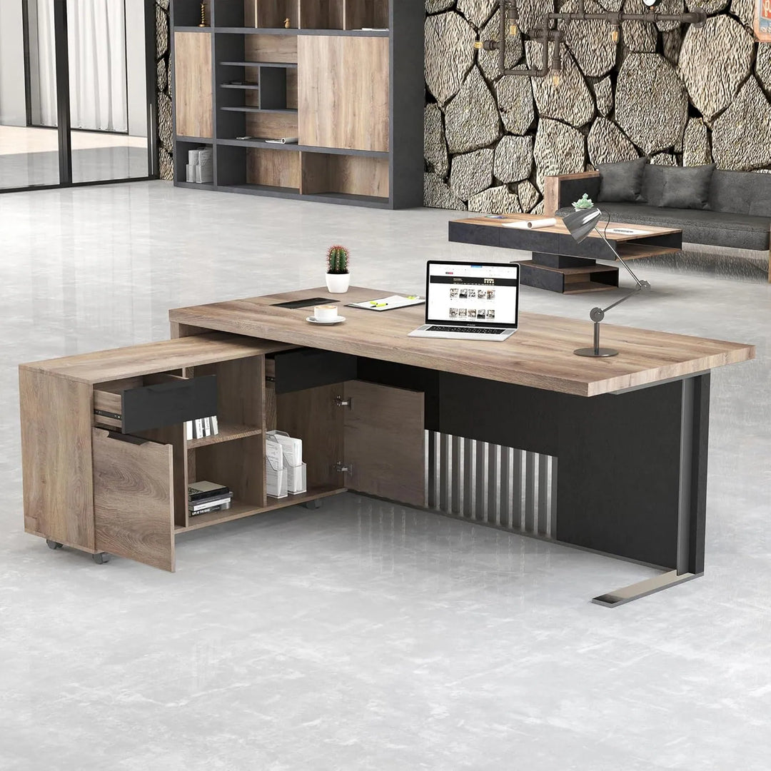 WESOME L-Shaped Executive Office Desk with 2 Drawers 4 Wheels File Cabinets Cable Management