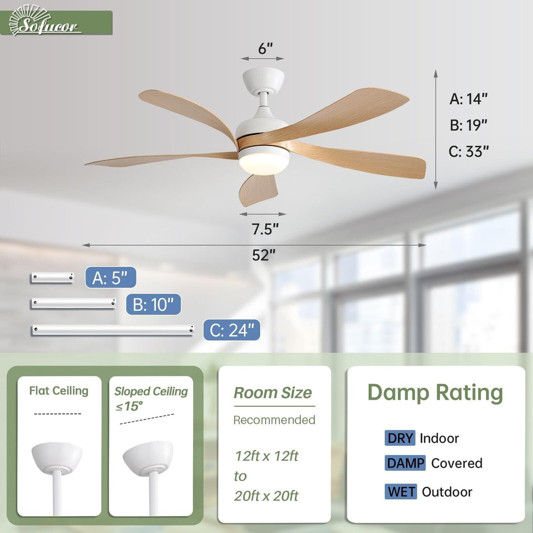 Sofucor 45/52 Inch Ceiling Fan with Remote & Lights Quiet DC Motor 5 Blade High CFM Modern Fan