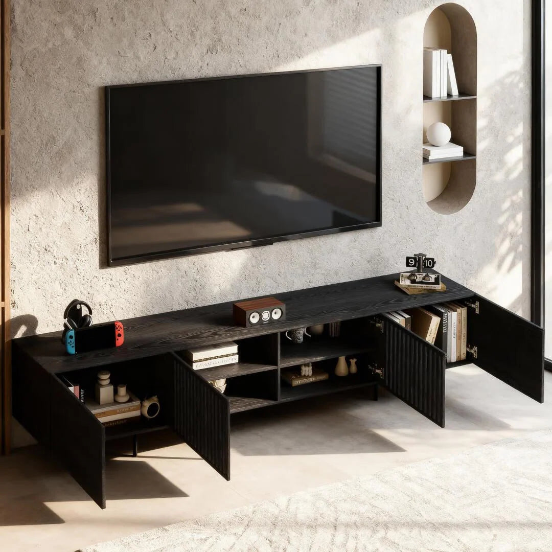 94.48 Inch Extra Long Black TV Stand with Slatted Doors, Modern Entertainment Center for Tvs up to 100 Inches,