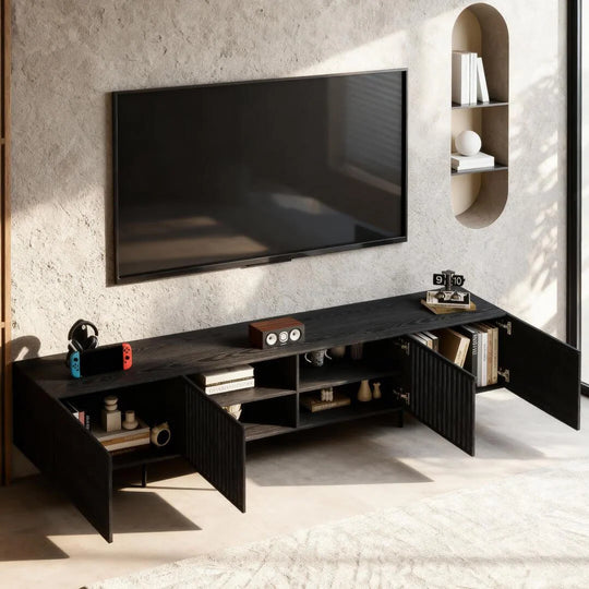 94.48 Inch Extra Long Black TV Stand with Slatted Doors, Modern Entertainment Center for Tvs up to 100 Inches,