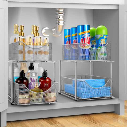2 Tier under Sink Bathroom Organizers and Storage (2 Pack) - 14" L X 9.3" W X 12.25" H