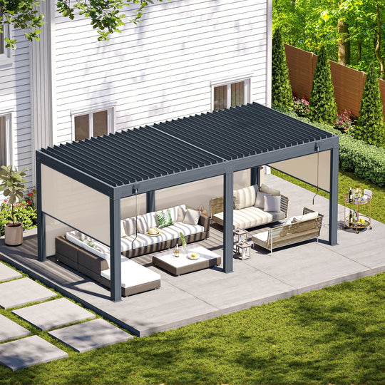 Outdoor Louvered Pergola Gazebo with Adjustable Aluminum Rainproof Roof and Pull-Down Screen