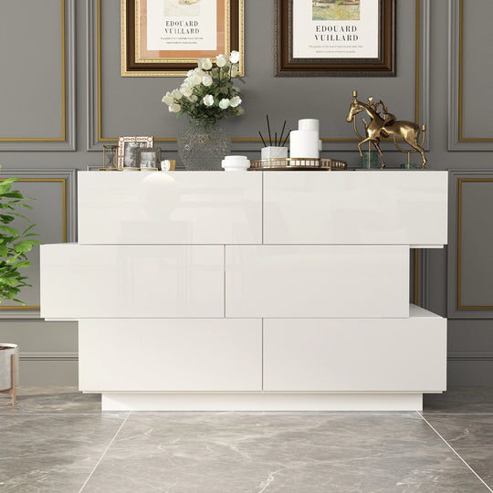 6 Drawers Dresser High Gloss Dresser Chest Off-Set Design Buffet