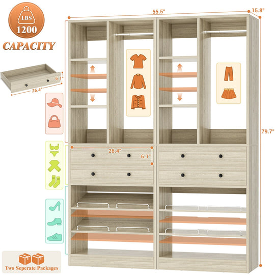 Grimm 28'' Closet Organizer with Shoe Racks and Drawers, Closet System with Hanging Rod and Adjustable Shelves