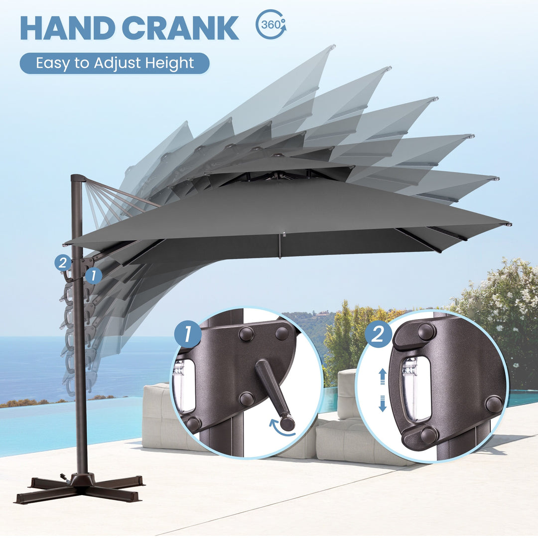 11 X 11 FT Outdoor Square Patio Cantilever Offset Umbrella with Crank and 360 Degrees Rotation