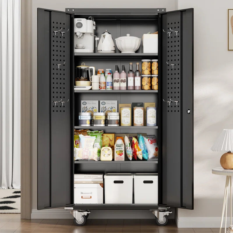 Metal Garage Storage Cabinets with Wheels & Pegboard, 72"H Rolling Storage Cabinet with Lockable Doors and 4 Adjustable Shelves, (72" H×32" W×16" D)