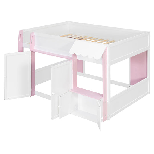 Full Loft House Bed with Playhouse Storage Modern Wood Cabin Bed for Kids