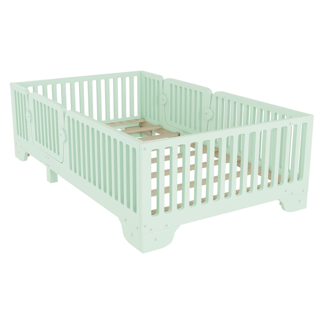 Full Size Montessori Floor Bed Frame with Safety Rails and Removable Door, Low Profile Kids Bed with Slatted Support