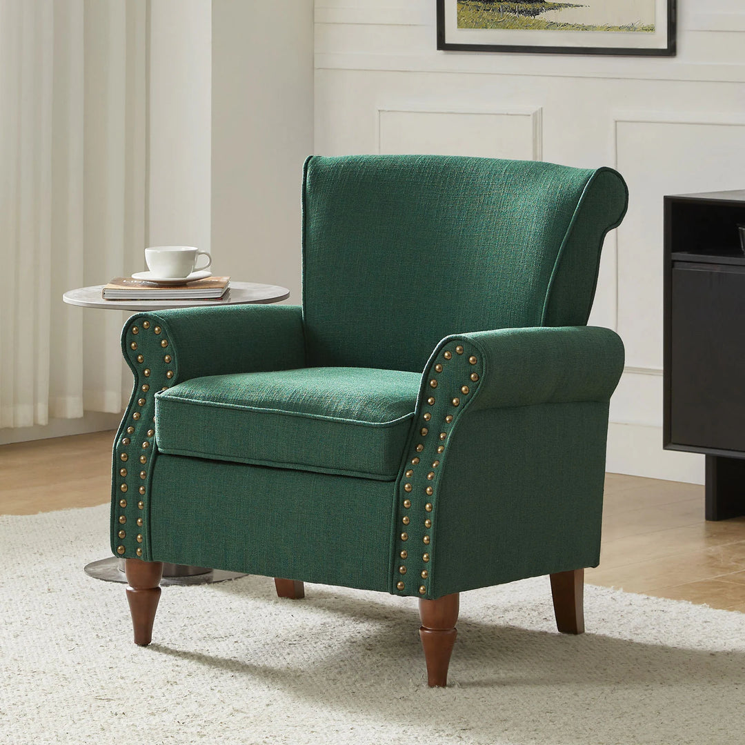 Nyctelius Upholstered Comfy Accent Chair with Turned Wooden Legs and Nailhead Trim Set of 2 by
