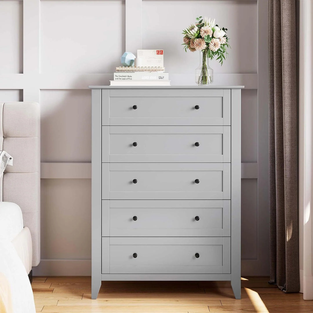 Modern Bedroom Nightstand with 5 Drawers & Metal Handles - Multifunctional Storage Cabinet,Easy Assembly for Living Room
