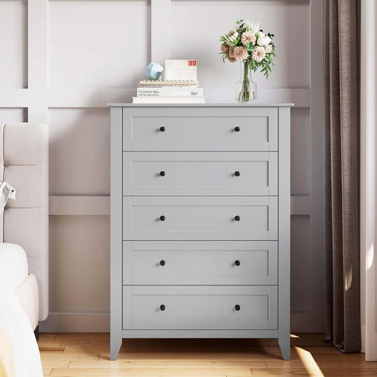 Modern Bedroom Nightstand with 5 Drawers & Metal Handles - Multifunctional Storage Cabinet,Easy Assembly for Living Room