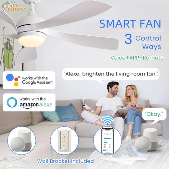 Sofucor 45/52 Inch Ceiling Fan with Remote & Lights Quiet DC Motor 5 Blade High CFM Modern Fan