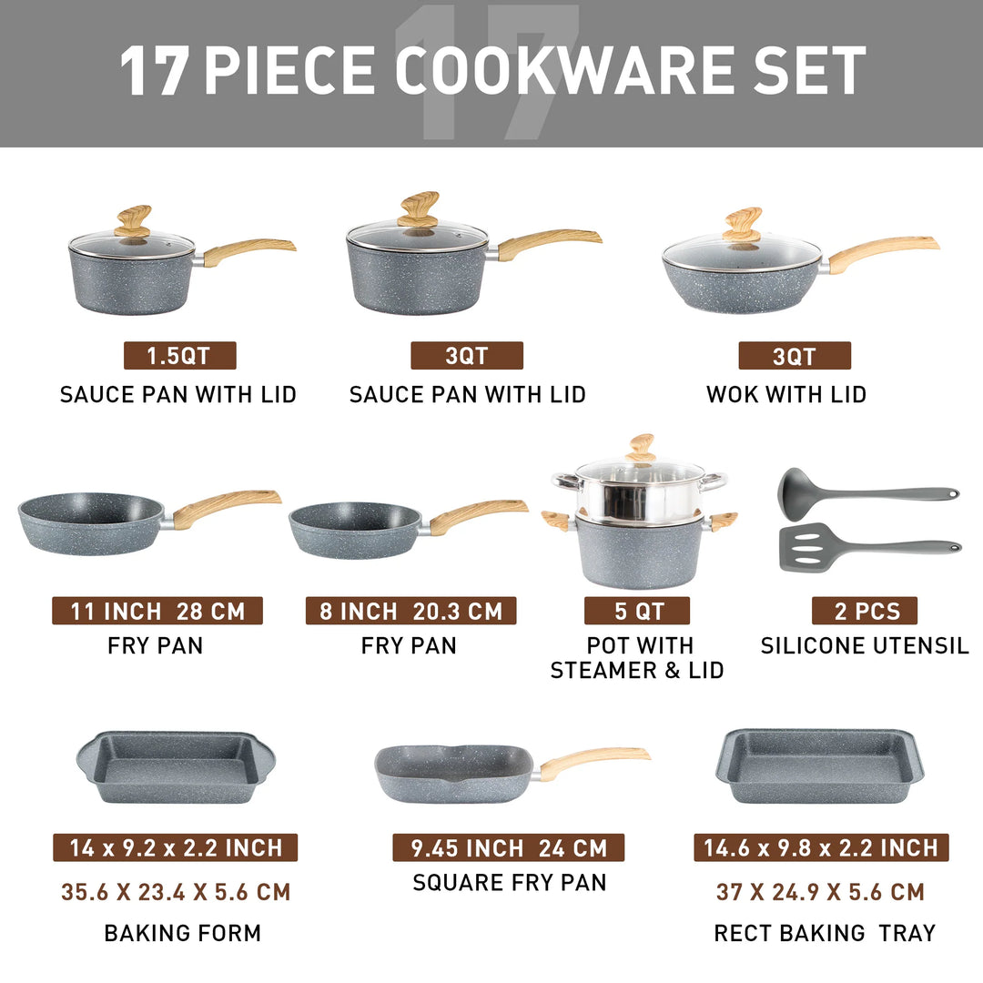17-Piece Kitchen Granite Cookware Set, Non-Stick Cooking Pots and Pans Set