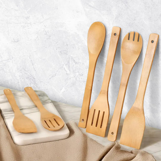 Premium Bamboo Cooking Utensil Set 6 Piece Non Scratch Wooden Spatulas and Spoons for Kitchen - Set of 6