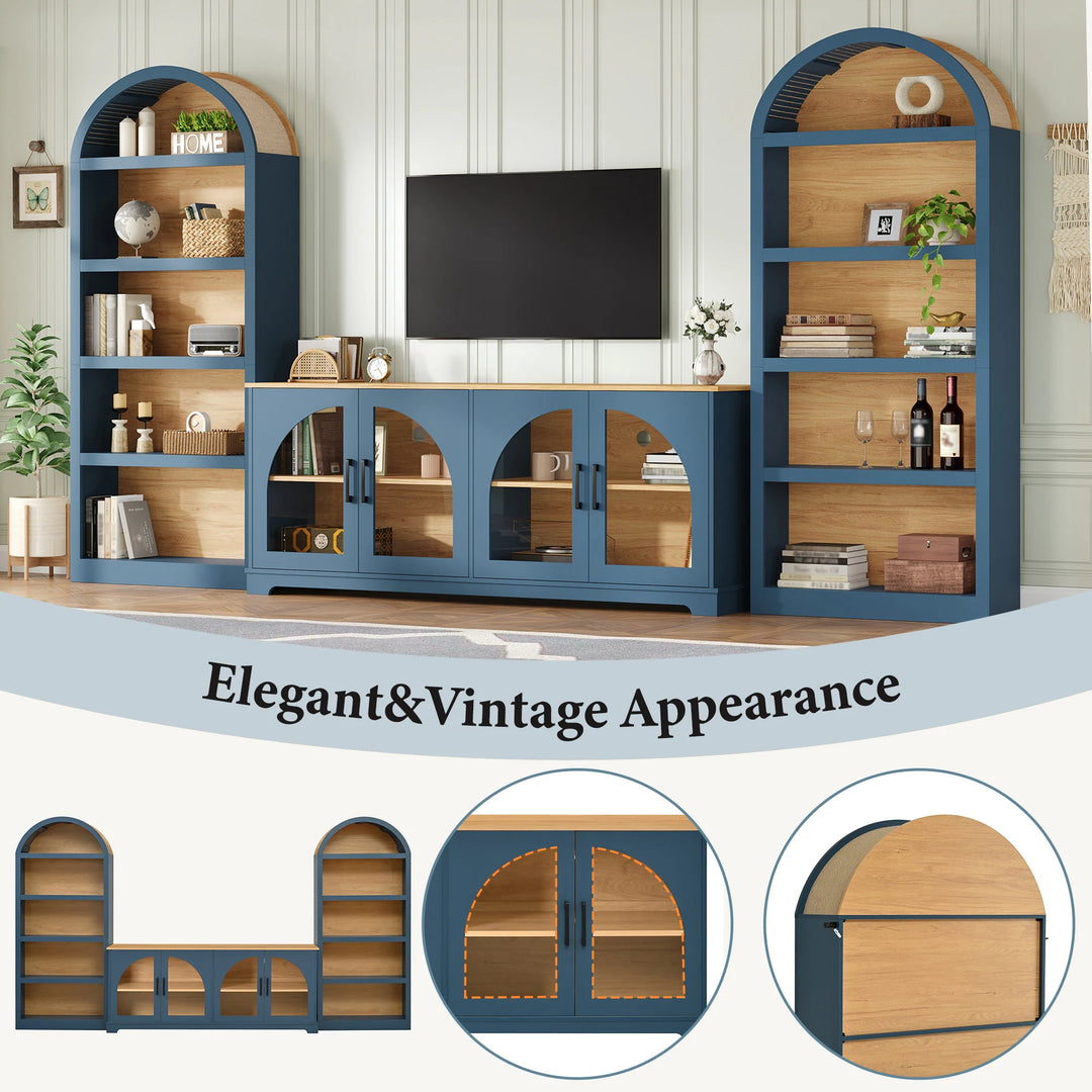 3-Piece Retro Entertainment Center for Tvs up to 70", Two-Tone Farmhouse TV Stand with Sideboard & Bookshelf
