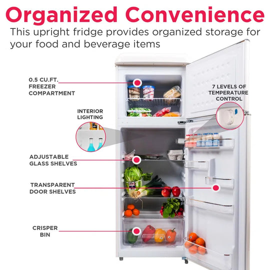 7.5 Cu. Ft. Capacity Retro Fridge Freezer Combo, Upright Fridge Freezer Combo, Apartment Size