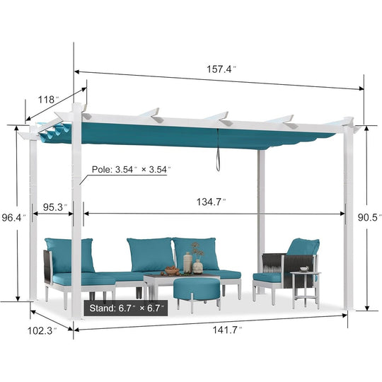 Gazebo Outdoor Retractable White Heavy-Duty Aluminum Pergola with Extra Top Roof