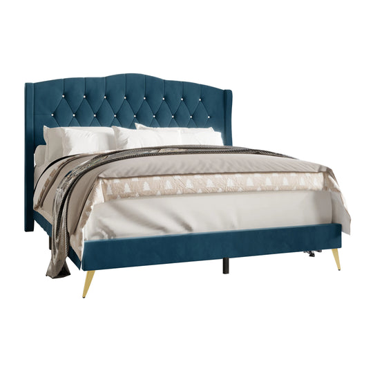 Velvet Diamond Button Tufted Upholstered Platform Bed