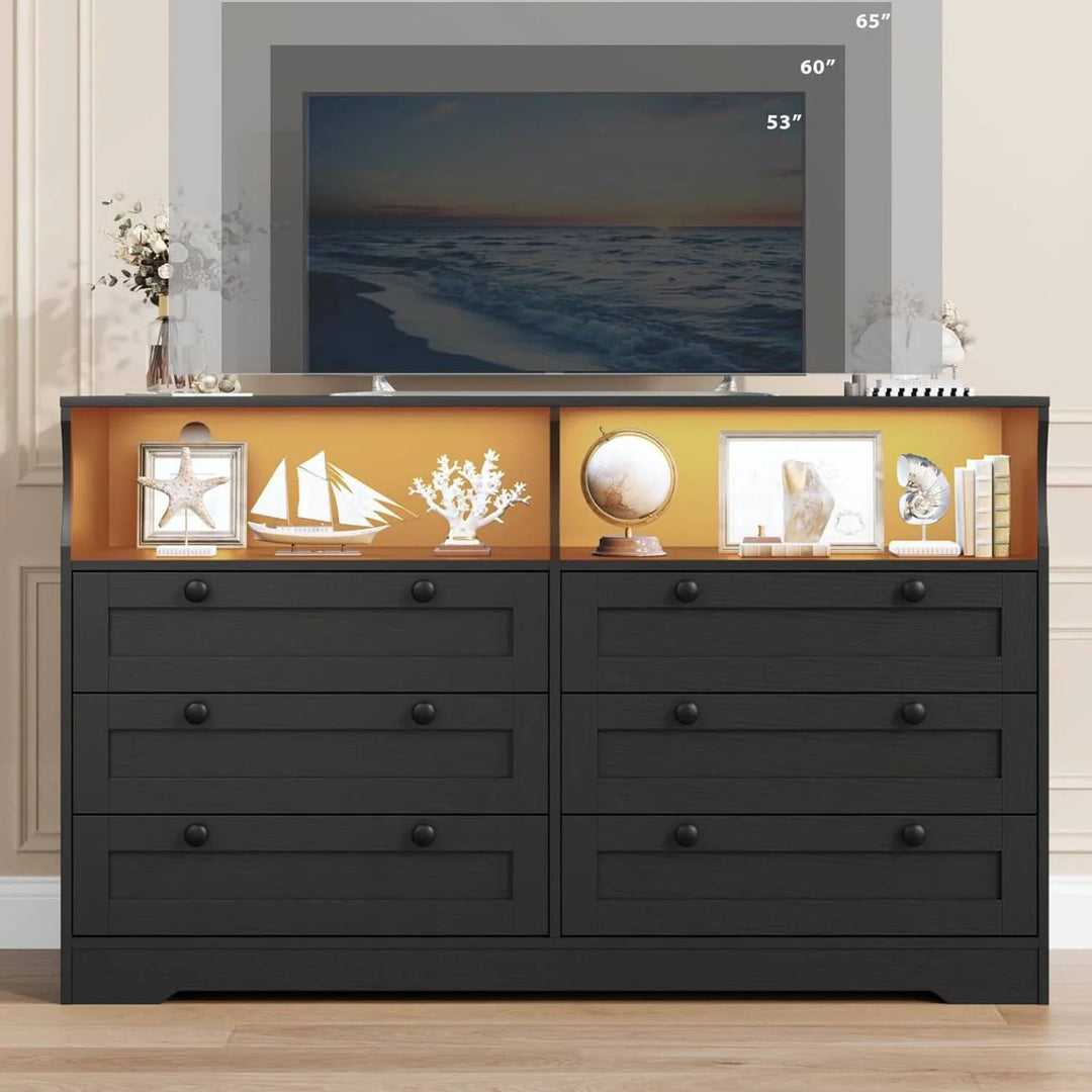 Modern 6 Drawer Dresser for Bedroom with Power Outlet and LED Light