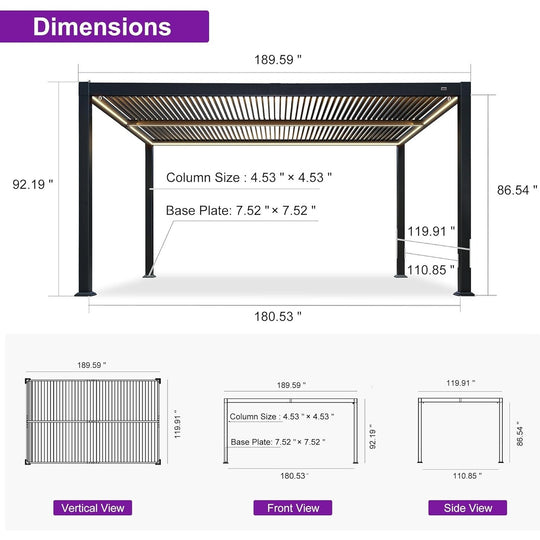 Solar Louvered Pergola with LED String Lights Aluminum Outdoor Pergola with Adjustable Roof for Patio Garden
