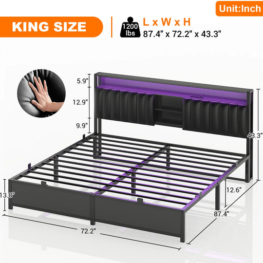 Upholstered Bed Frame with Storage Shelving, Platform Beds with Charge Station and LED Lights