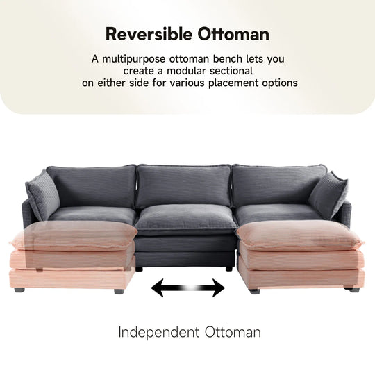 Corduroy Sectional Sofa with Removable Ottomans & Ultra-Soft Cushions for Living Room & Bedroom