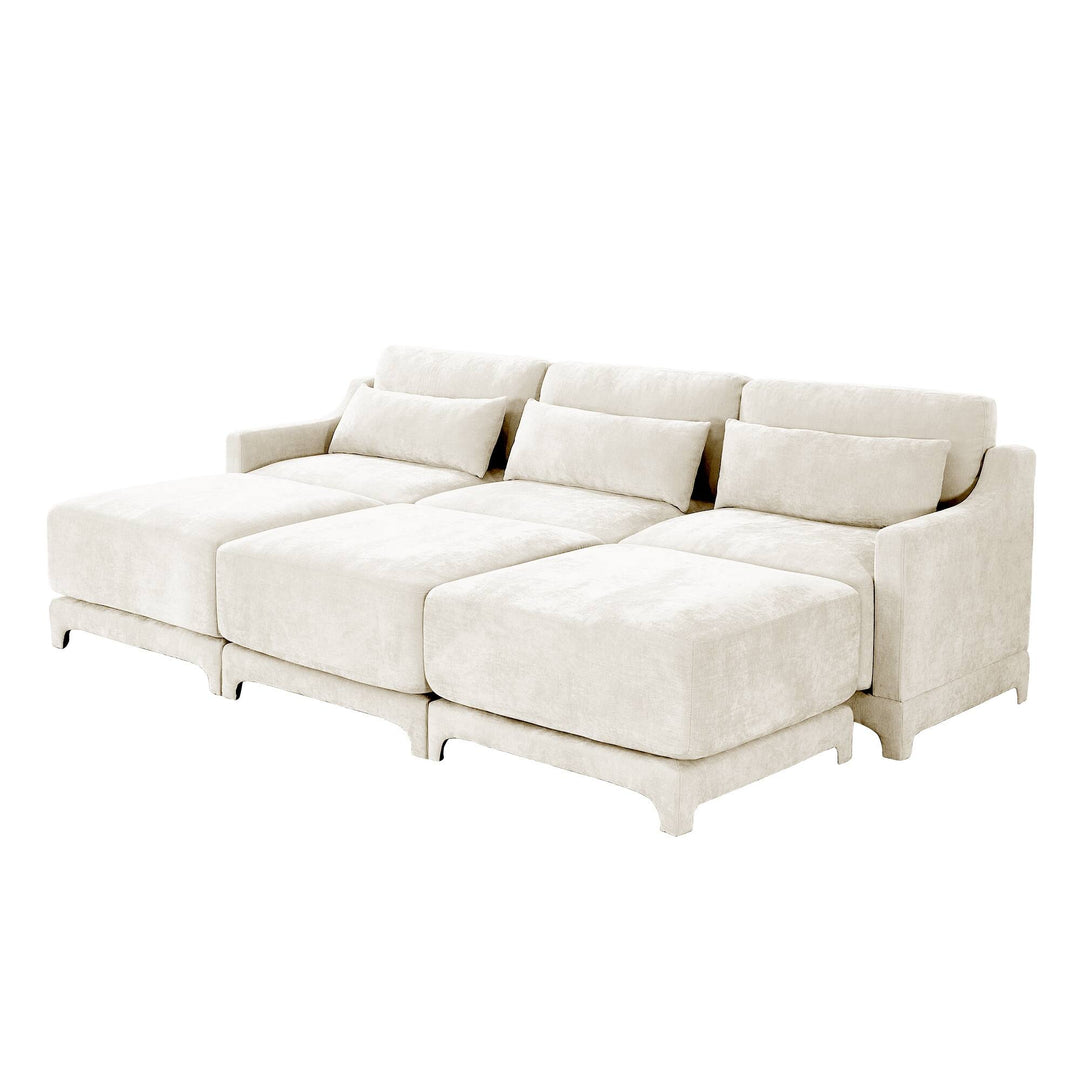 Modern Chenille 4-Seater Sofa with 2 Ottoman, Lumbar Cushions, Ergonomic Backrest, High-Resilience Spongeand Tufted Armrests