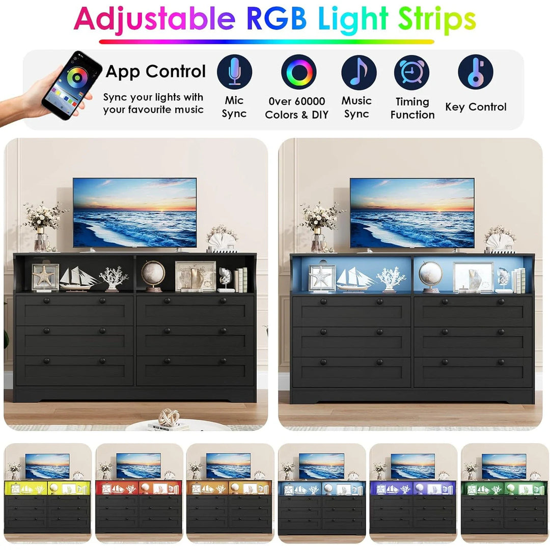 55" Black 6-Drawer Wood Dresser, Modern Storage Organizer for Bedroom, Living Room, Closet & Entryway