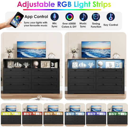 55" Black 6-Drawer Wood Dresser, Modern Storage Organizer for Bedroom, Living Room, Closet & Entryway