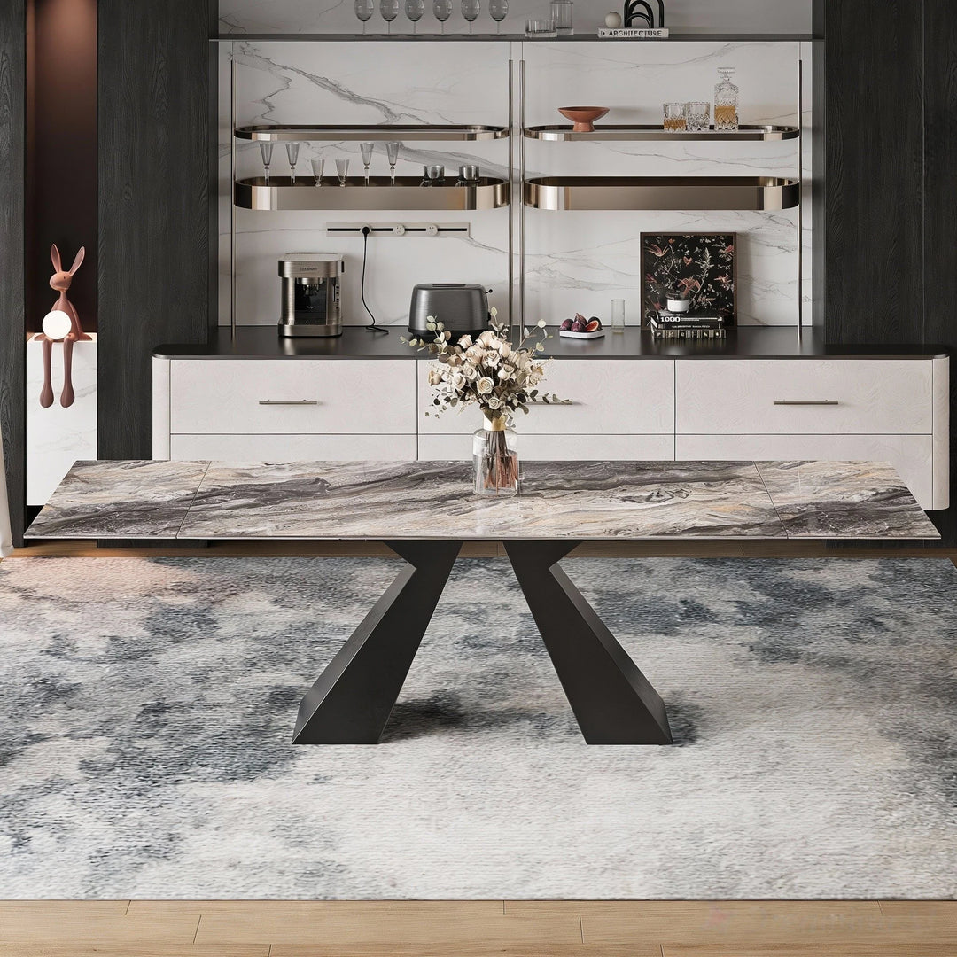 Minimalism Extendable Rectangular Sintered Stone Double Pedestal Dining Table Seat for 8-12 - 110.24"