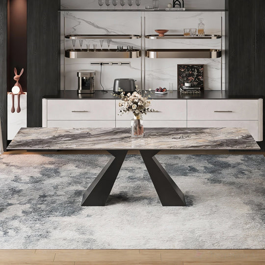 Minimalism Extendable Rectangular Sintered Stone Double Pedestal Dining Table Seat for 8-12 - 110.24"