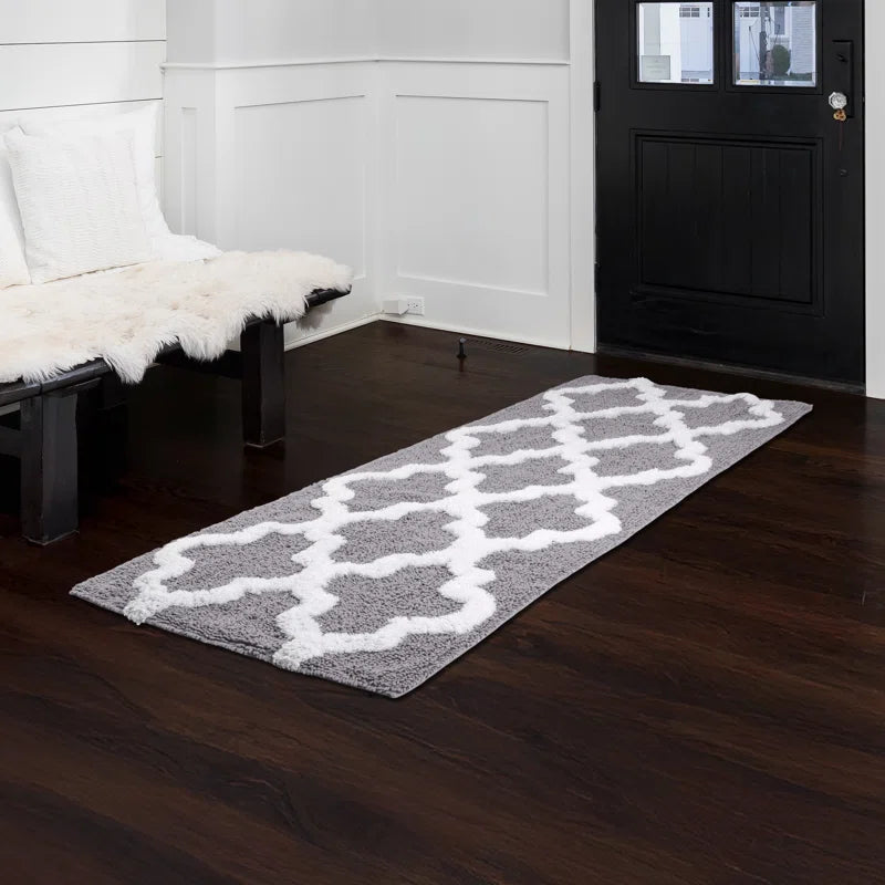 Freida 24X60-Inch Cotton Bathroom Rug with Trellis Pattern and Non-Slip Base - Machine Washable