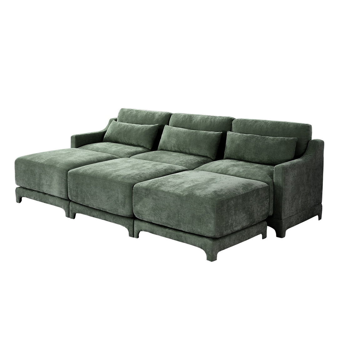 Modern Chenille 4-Seater Sofa with 2 Ottoman, Lumbar Cushions, Ergonomic Backrest, High-Resilience Spongeand Tufted Armrests