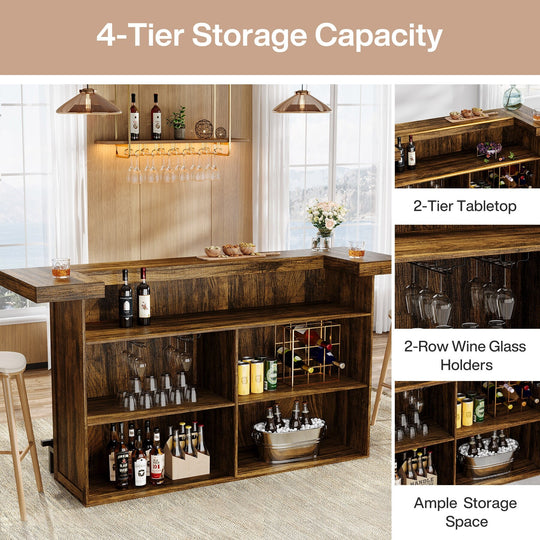 70.9" Wooden Home Bar Table with Wine Glass Holder, Pub Storage Unit Accent Table for Home Patio Basement