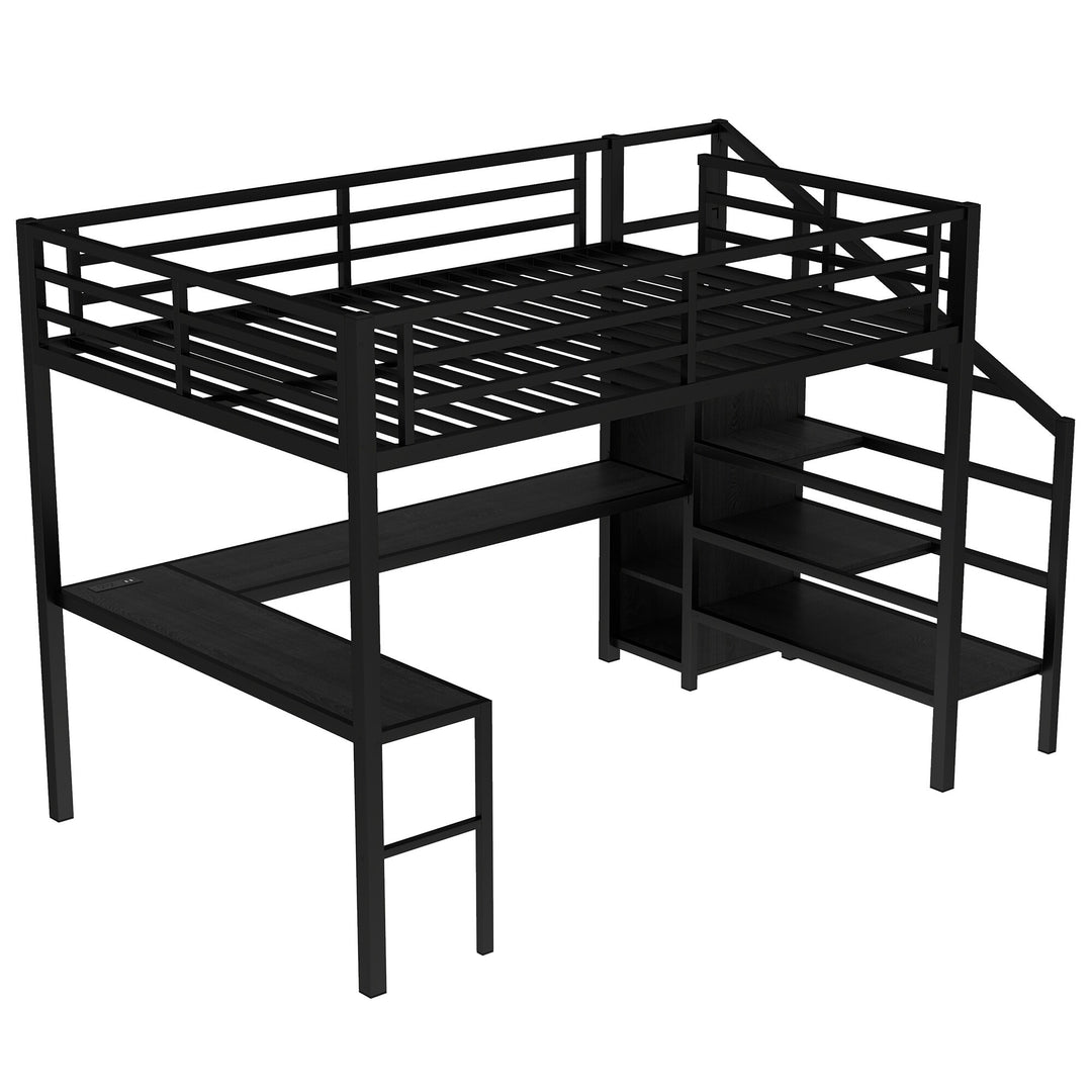 Queen Size Esports Gaming & Work Loft Bed with L-Shaped Desk, USB, LED, Wardrobe and Adjustable Shelf, Versatile Metal Bed Frame