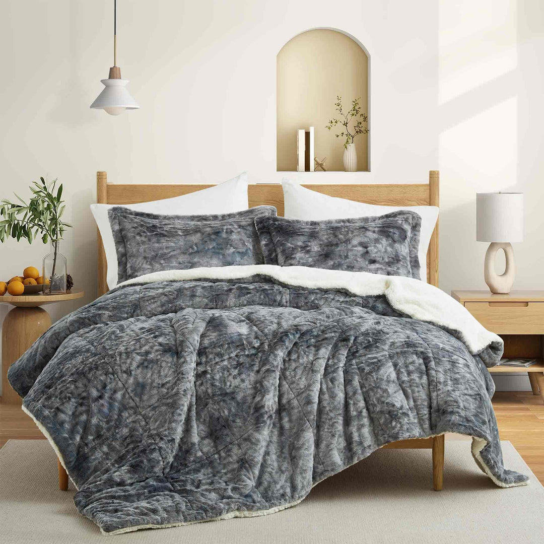 3 Piece Winter Reversible Comforter Set Faux Shearling Ultra Soft Minky Plush and Fuzzy Fleece Microfiber