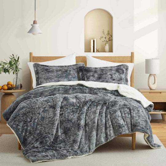 3 Piece Winter Reversible Comforter Set Faux Shearling Ultra Soft Minky Plush and Fuzzy Fleece Microfiber