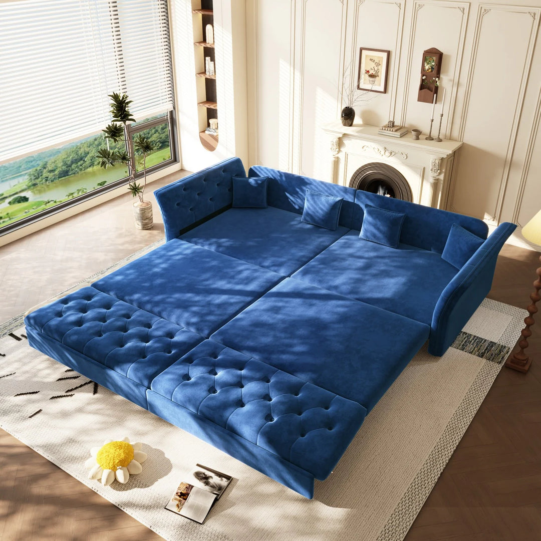 100" Velvet Convertible Sofa Bed with with Fabric Flower Tufted Design