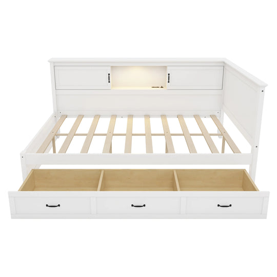 L-Shaped Corner Bed Frame with Drawer, Bookcase, LED Downlight and USB Port