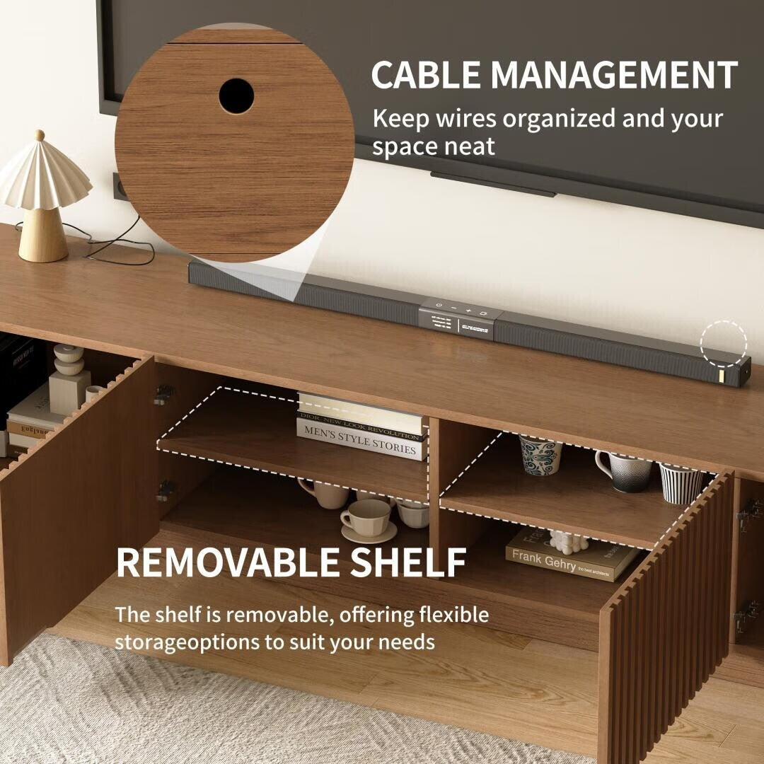 86.6" Modern Walnut TV Stand with Grille Doors & Storage for 90" Tvs - 86.6"Wx15.9"Dx17.5"H