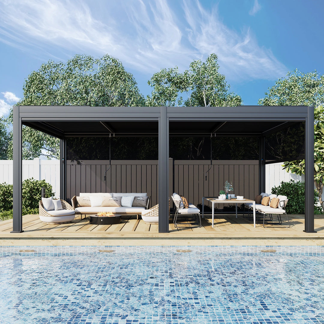 Outdoor Louvered Pergola Gazebo with Adjustable Aluminum Rainproof Roof and Pull-Down Screen