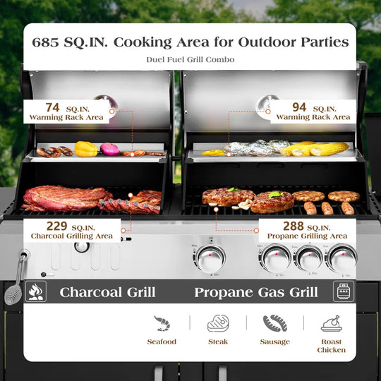 Synae  3 - Burner 2-In-1 Charcoal and Gas Grill